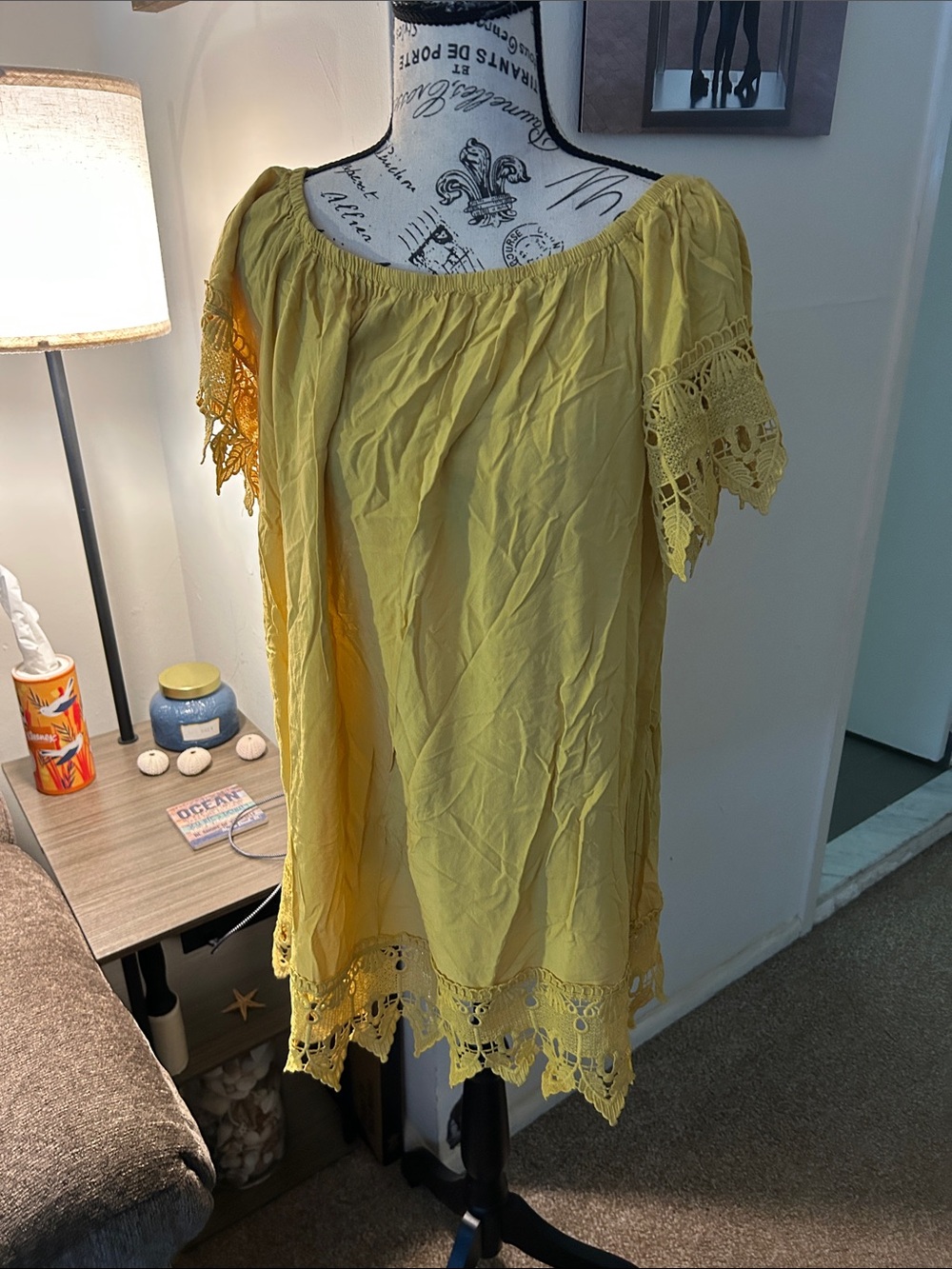 Womenâs Mustard Yellow Off-Shoulder Crochet Trim Tunic Top